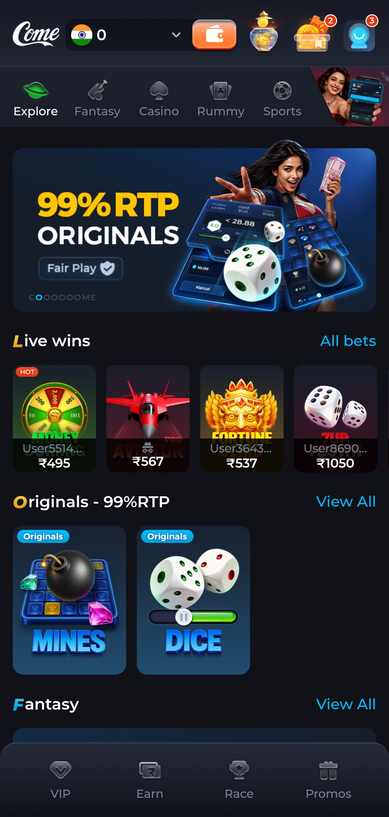 ComeGame app home lobby with live wins and originals