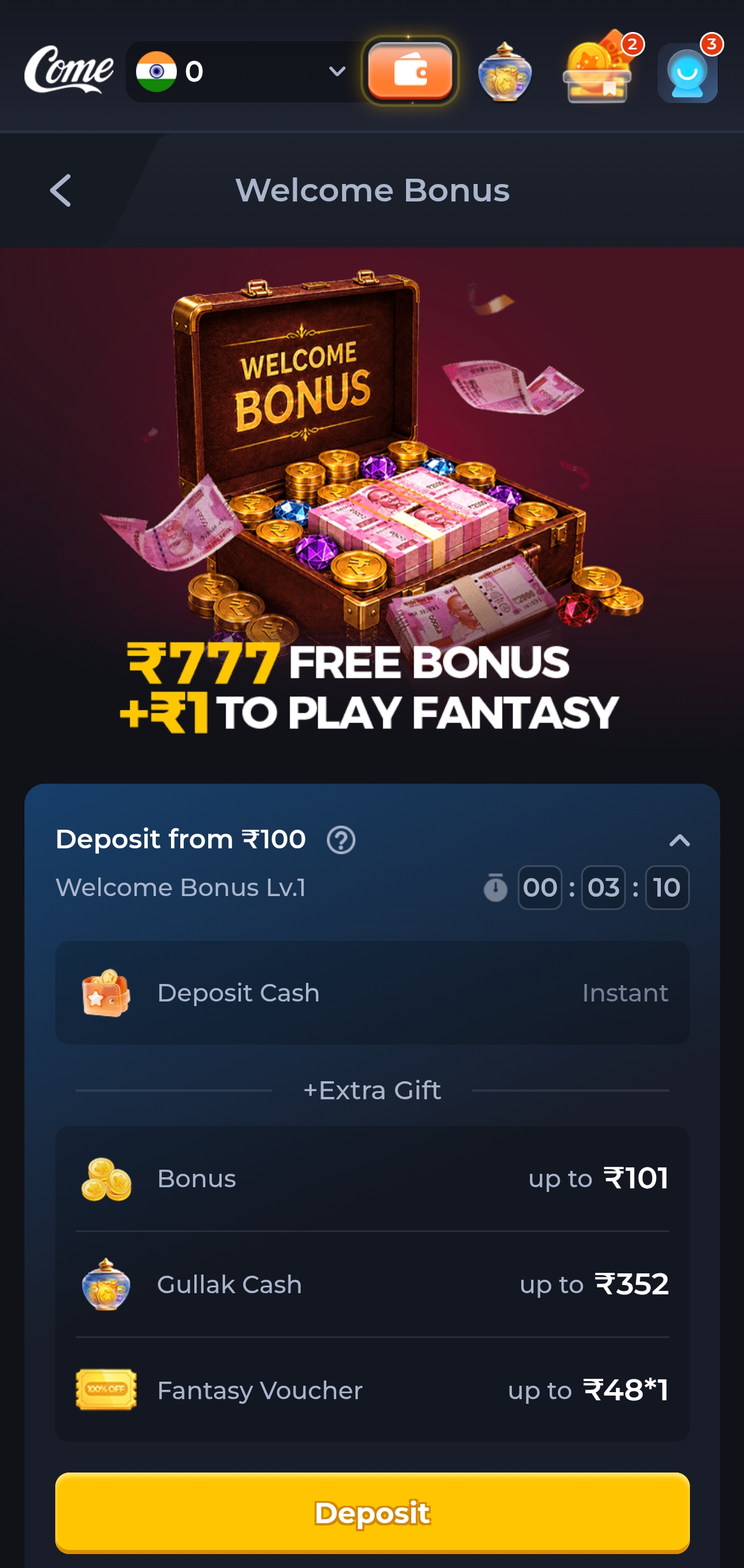 ComeGame app welcome bonus screen