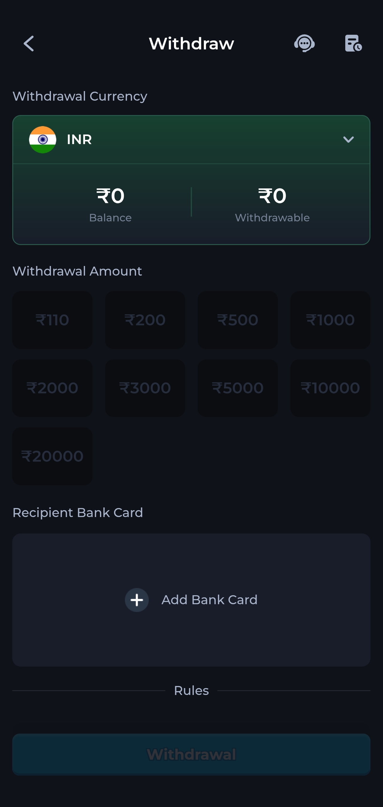 ComeGame app withdrawal screen with bank card options